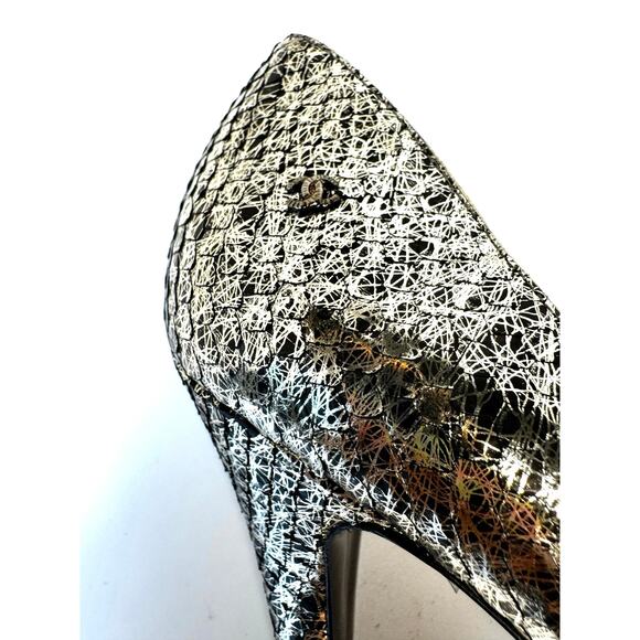Chanel Silver Metallic Textured Leather Peep Toe Pumps Heels Size 38.5 - Picture 7 of 11